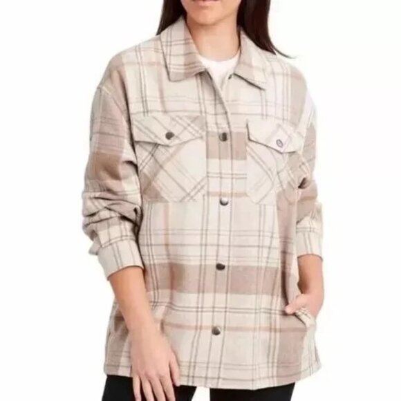 HFX Plaid Shirt Jacket Womens Size M Fit Snap Button Collared 1534711 Off White - Picture 2 of 15